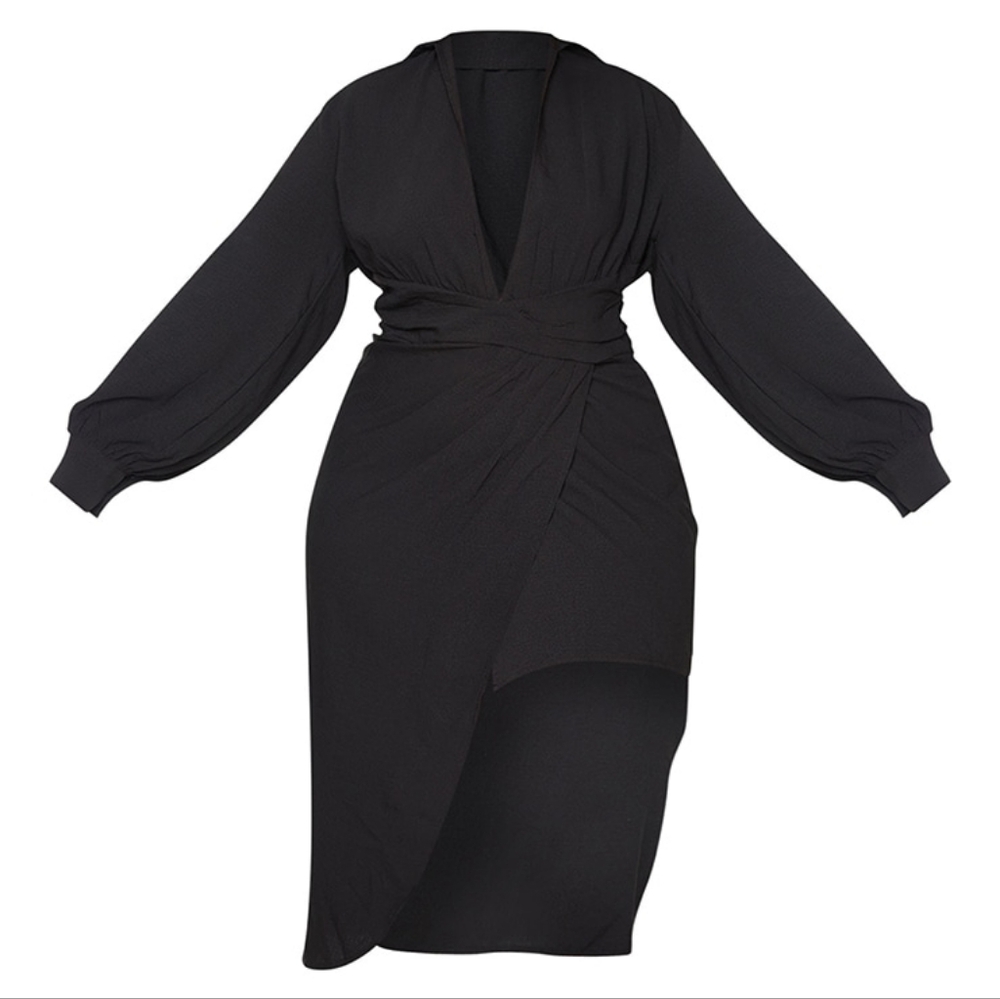 Black Plunge Wrap Textured Dress